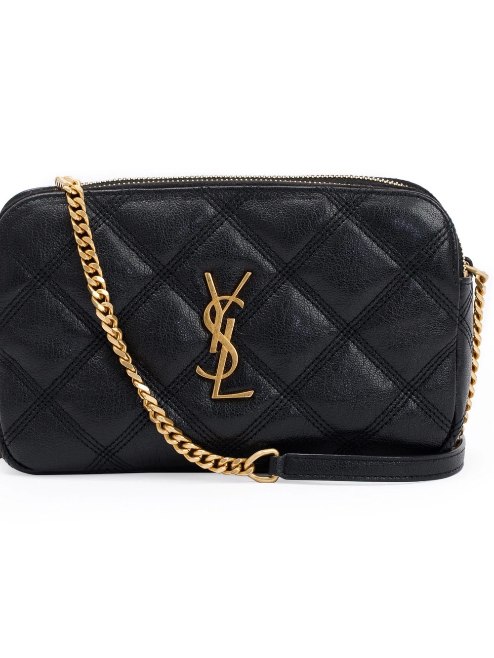 Saint Laurent Black Quilted Leather Crossbody with Gold YSL Chain